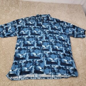 Bruno Men's Size XXL Aloha Hawaiian Shirt Blue Palm Tree Scene Print  Linen